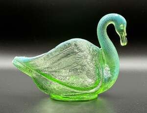 Antique Dugan Green Opalescent Glass Swan Salt Cellar Trinket Dish 3.5”